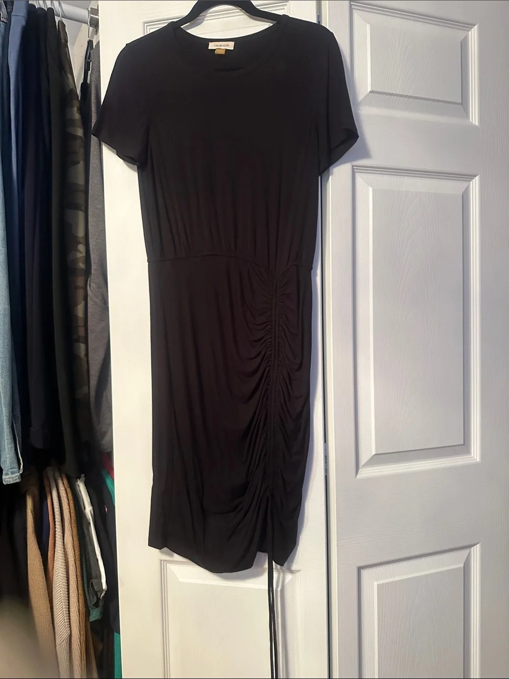 Calvin Klein Black Scoop Neck Tee dress ruched style